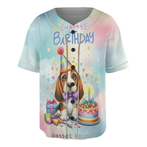 Happy Birthday Cute Puppy Basset Hound with Cake Gifts Party Hat All Over Print 3D Baseball Shirt Bassets Dog Breed Lovers Gifts Idea Softball Sport - 00029