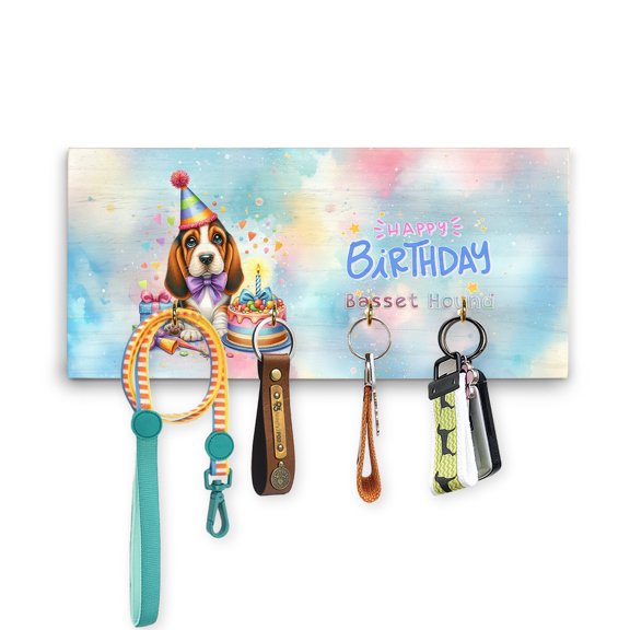Happy Birthday Cute Puppy Basset Hound with Cake Gifts Party Hat Wood Key Holder Bassets Dog Breed Lovers Gifts Idea Wall-mounted Key Rack Home Decor - 00029
