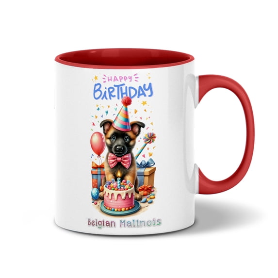 Happy Birthday Cute Puppy Belgian Malinois with Cake Gifts Party Hat 11oz Accent Two-tone Mug Sheepdog Dog Lover Gifts Coffee Tea Cup - 00029