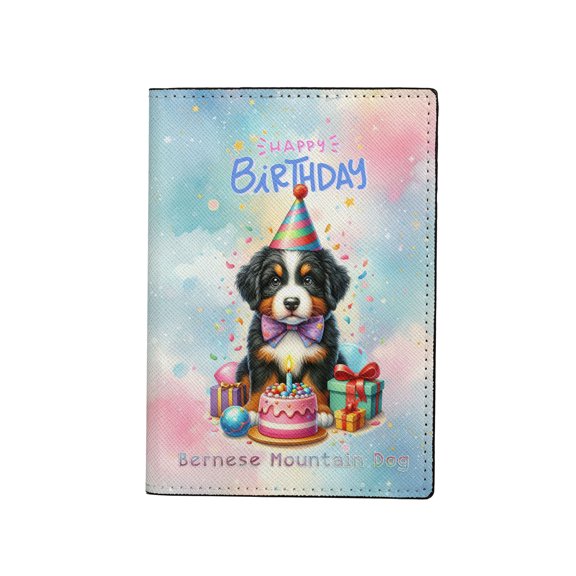 Happy Birthday Cute Puppy Bernese Mountain Dog with Cake Gifts Party Hat Travel Passport Wallet Berner Lover Gifts PU Leather Passport Holder Cover - 00029