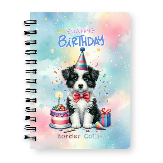 Happy Birthday Cute Puppy Border Collie with Cake Gifts Party Hat Spiral Bound Journal Borders Dog Lovers Gifts Idea 5x7in Spiral Notebook - 00029