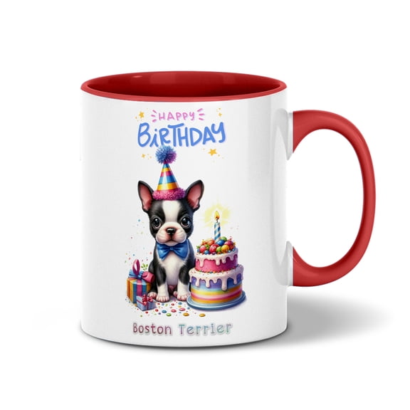 Happy Birthday Cute Puppy Boston Terrier with Cake Gifts Party Hat 11oz Accent Two-tone Mug Gentleman Dog Lover Gifts Coffee Tea Cup - 00029