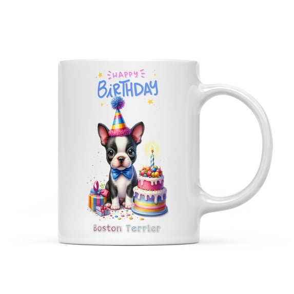 Happy Birthday Cute Puppy Boston Terrier with Cake Gifts Party Hat Mug Gentleman Dog Lover Gifts Coffee Tea Cup - 00029