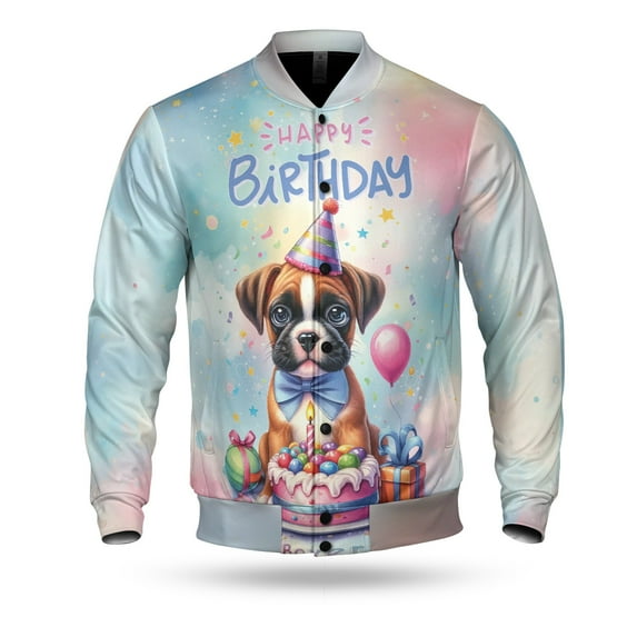 Happy Birthday Cute Puppy Boxer with Cake Gifts Party Hat All Over Print 3D Baseball Jacket Boxers Dog Lover Gifts Idea Bomber Jacket Softball - 00029