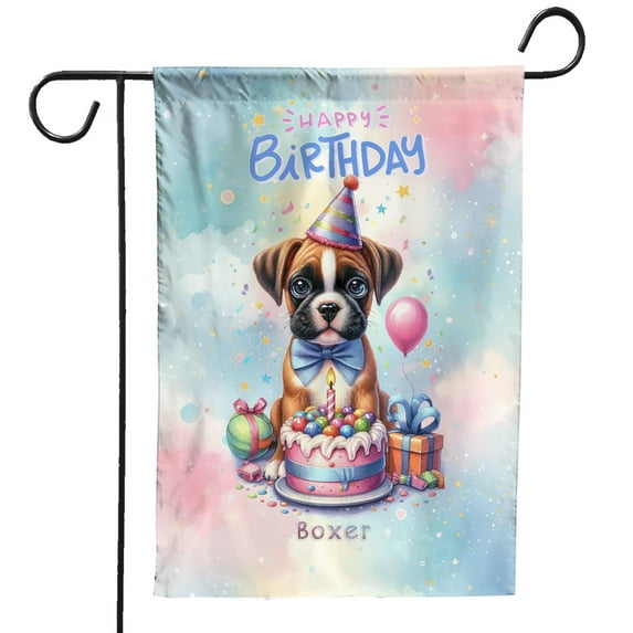 Happy Birthday Cute Puppy Boxer with Cake Gifts Party Hat Garden Flag 12x18in Double Sided Boxers Dog Lover Gifts Idea Outdoor Decor - 00029
