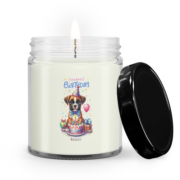 Happy Birthday Cute Puppy Boxer with Cake Gifts Party Hat Soy Wax Candle Boxers Dog Lover Gifts Idea 9oz White Birch & Black Pepper Candle - 00029