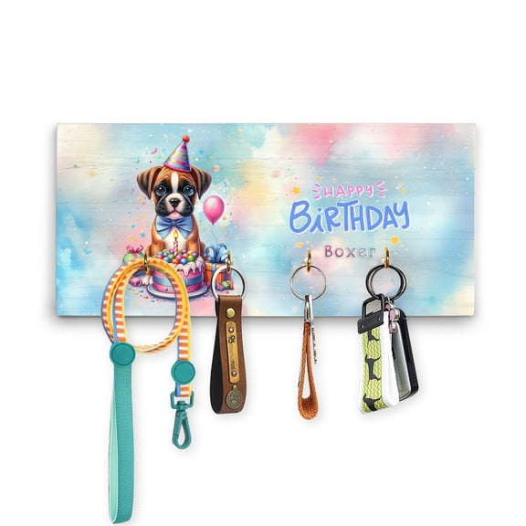 Happy Birthday Cute Puppy Boxer with Cake Gifts Party Hat Wood Key Holder Boxers Dog Lover Gifts Idea Wall-mounted Key Rack Home Decor - 00029