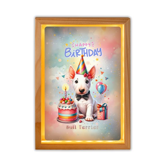 Happy Birthday Cute Puppy Bull Terrier with Cake Gifts Party Hat Acrylic Plaque with Wood Photo Frame Box Bully Dog Lovers Gifts Idea Light Box - 00029