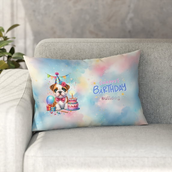 Happy Birthday Cute Puppy Bulldog with Cake Gifts Party Hat Pillowcase Double Sided Dog Lover Gifts Idea Pillow Case Covers - 00029