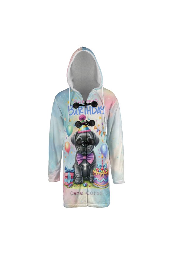 Happy Birthday Cute Puppy Cane Corso with Cake Gifts Party Hat All Over Print 3D Hooded Duffle Toggle Coat Italian Mastiff Dog Lover Gifts Idea - 00029