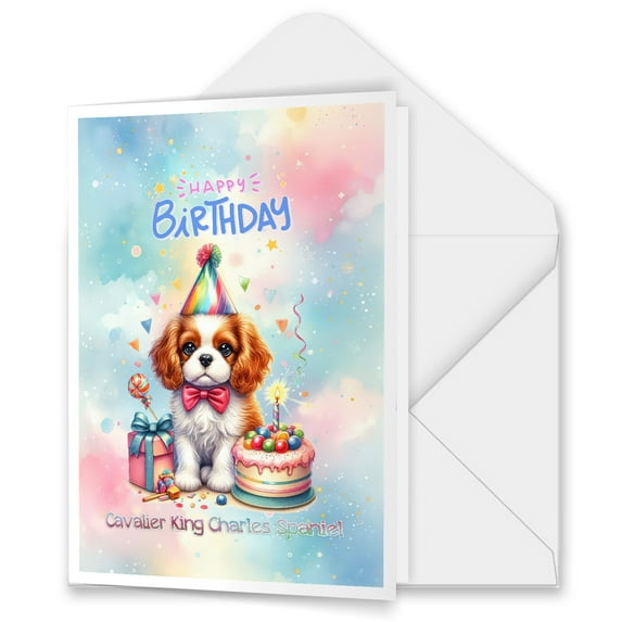 Happy Birthday Cute Puppy Cavalier King Charles Spaniel with Cake Gifts Party Hat 5x7in Folded Greeting Card Dog Lover Gifts Single Note Card with Envelope - 00029