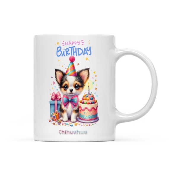 Happy Birthday Cute Puppy Chihuahua with Cake Gifts Party Hat Mug Dog Lover Gifts Idea Coffee Tea Cup - 00029