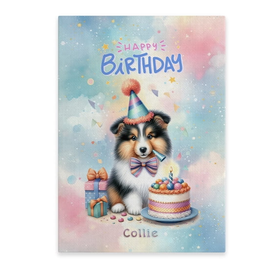 Happy Birthday Cute Puppy Collie with Cake Gifts Party Hat Vertical Matte Canvas Poster Collie Dog Lover Gifts Idea Wall Art Home Decor - 00029