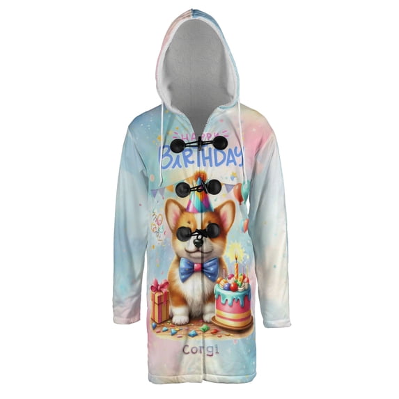 Happy Birthday Cute Puppy Corgi with Cake Gifts Party Hat All Over Print 3D Hooded Duffle Toggle Coat Welsh Corgi Dog Lover Gifts Idea - 00029