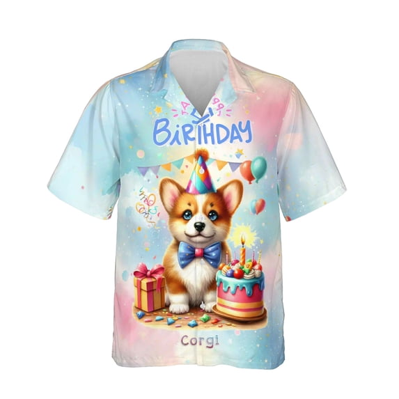 Happy Birthday Cute Puppy Corgi with Cake Gifts Party Hat Hawaiian Shirt Breathable Summer Unisex Merch Welsh Corgi Dog Lover Gifts Idea - 00029