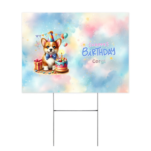 Happy Birthday Cute Puppy Corgi with Cake Gifts Party Hat Yard Sign Welsh Corgi Dog Lover Gifts Idea Outdoor Home Lawn Garden Porch Decor - 00029