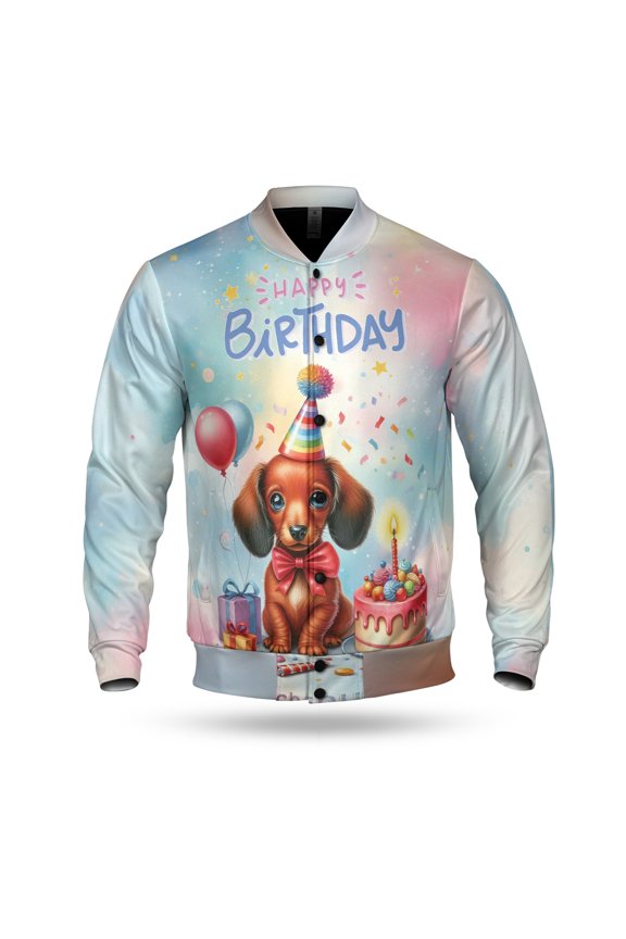 Happy Birthday Cute Puppy Dachshund with Cake Gifts Party Hat All Over Print 3D Baseball Jacket Wiener Dog Lover Gifts Idea Bomber Jacket Softball - 00029
