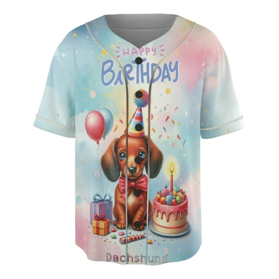 Happy Birthday Cute Puppy Dachshund with Cake Gifts Party Hat All Over Print 3D Baseball Shirt Wiener Dog Lover Gifts Idea Softball Sport - 00029