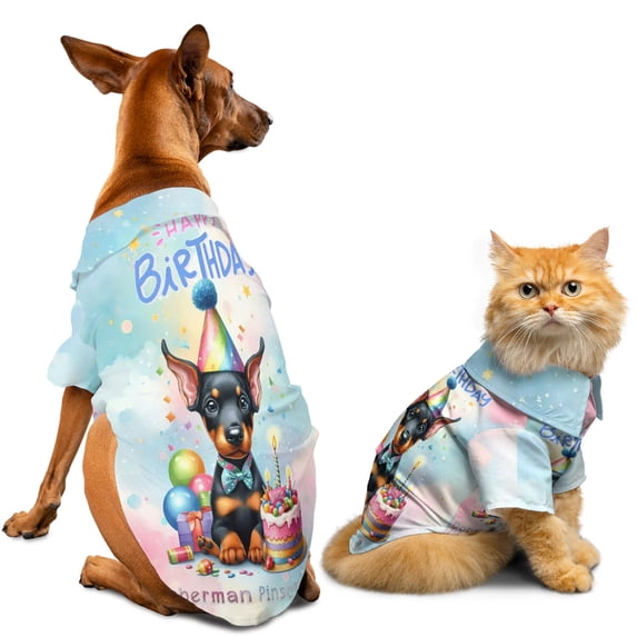 Happy Birthday Cute Puppy Doberman Pinscher with Cake Gifts Party Hat Hawaiian Summer Shirt for Small Medium Large Dog Cat Doberman Dog Lover Gifts - 00029