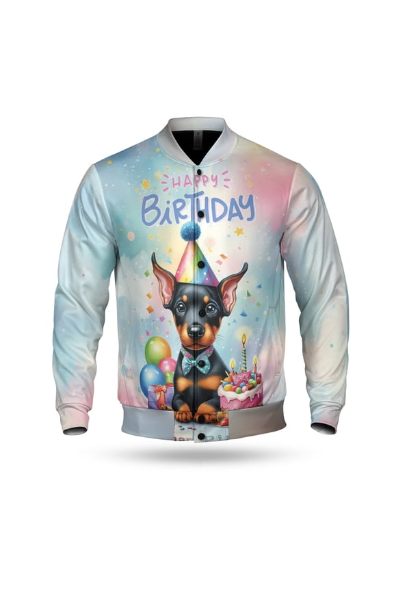 Happy Birthday Cute Puppy Doberman Pinscher with Cake Gifts Party Hat All Over Print 3D Baseball Jacket Doberman Dog Lover Gifts Bomber Jacket Softball - 00029