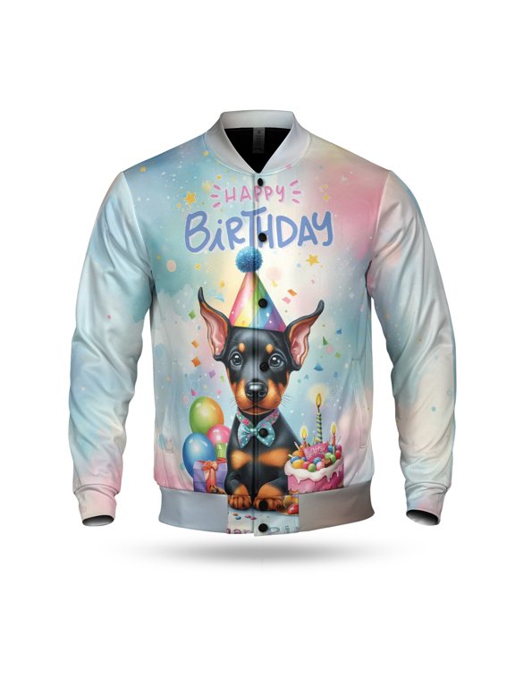 Happy Birthday Cute Puppy Doberman Pinscher with Cake Gifts Party Hat All Over Print 3D Baseball Jacket Doberman Dog Lover Gifts Bomber Jacket Softball - 00029