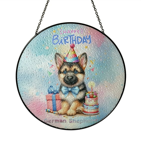Happy Birthday Cute Puppy German Shepherd with Cake Gifts Party Hat Stained Glass Suncatcher Alsatian Dog Lover Gifts Window Hanging Sign Decor - 00029