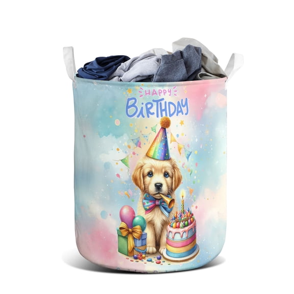 Happy Birthday Cute Puppy Golden Retriever with Cake Gifts Party Hat Foldable Laundry Basket Goldens Dog Lover Gifts Idea Organizer Storage with Handles - 00029