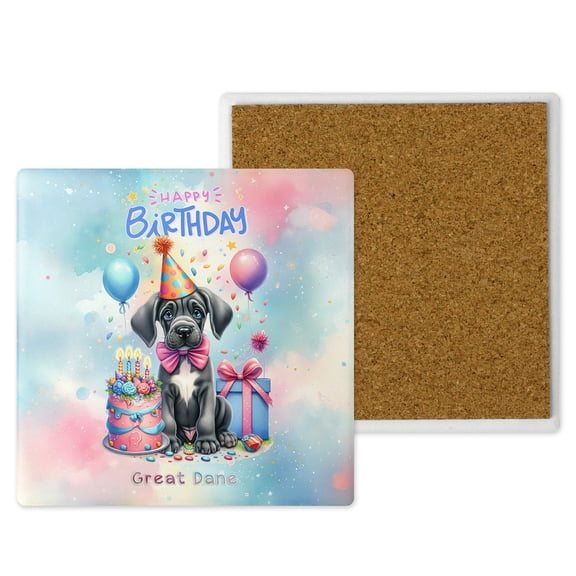 Happy Birthday Cute Puppy Great Dane with Cake Gifts Party Hat Set of 4 Stone Coasters Danes Dog Lover Gifts 4x4in Absorbent Soapstone Coaster - 00029