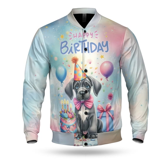 Happy Birthday Cute Puppy Great Dane with Cake Gifts Party Hat All Over Print 3D Baseball Jacket Danes Dog Lover Gifts Bomber Jacket Softball - 00029