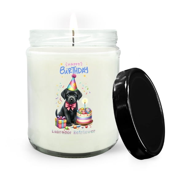 Happy Birthday Cute Puppy Labrador Retriever with Cake Gifts Party Hat Soy Wax Candle Lab Dog Lover Gifts 16oz White Vanilla Candle - 00029