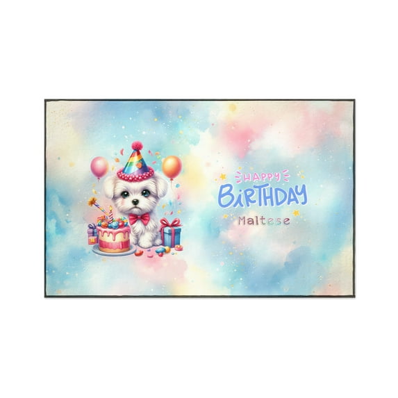 Happy Birthday Cute Puppy Maltese with Cake Gifts Party Hat Indoor Rug Maltese Dog Lover Gifts Idea Carpet Living Bed Room Sofa Home Decor - 00029