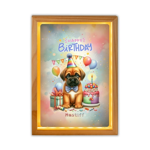 Happy Birthday Cute Puppy Mastiff with Cake Gifts Party Hat Acrylic Plaque with Wood Photo Frame Box Mastiffs Dog Lover Gifts Idea Light Box - 00029