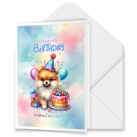 Happy Birthday Cute Puppy Pomeranian with Cake Gifts Party Hat 5x7in Folded Greeting Card Pom Dog Lover Gifts Single Note Card with Envelope - 00029