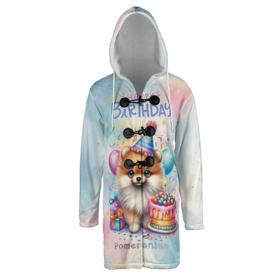 Happy Birthday Cute Puppy Pomeranian with Cake Gifts Party Hat All Over Print 3D Hooded Duffle Toggle Coat Pom Dog Lover Gifts - 00029