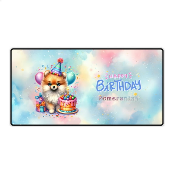 Happy Birthday Cute Puppy Pomeranian with Cake Gifts Party Hat Desk Mat Full Keyboard Mouse Pad Pom Dog Lover Gifts Large Mousepad - 00029