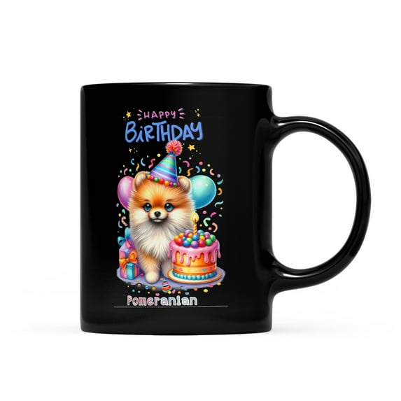 Happy Birthday Cute Puppy Pomeranian with Cake Gifts Party Hat Mug Pom Dog Lover Gifts Coffee Tea Cup - 00029