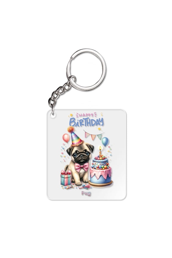 Happy Birthday Cute Puppy Pug with Cake Gifts Party Hat Acrylic Keychain Dog Lover Gifts Collar Charm Tag Keyring - 00029