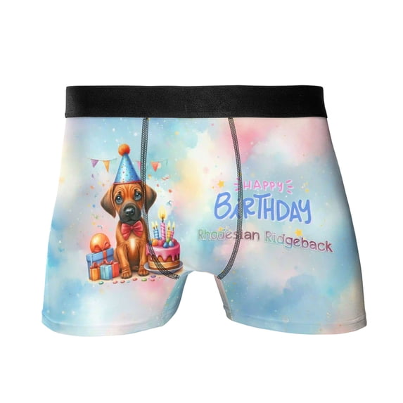 Happy Birthday Cute Puppy Rhodesian Ridgeback with Cake Gifts Party Hat All Over Print Boxer Briefs Underwear for Men Dad Ridgebacks Dog Lover Gifts - 00029