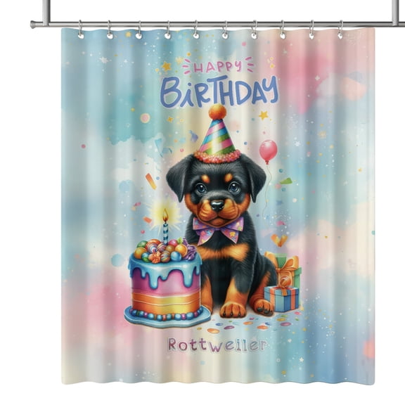 Happy Birthday Cute Puppy Rottweiler with Cake Gifts Party Hat Shower Curtain Rottie Dog Lover Gifts Idea Waterproof Bathroom Bathtub Curtain - 00029