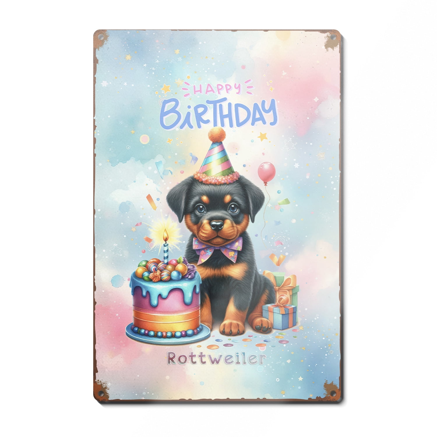 Happy Birthday Cute Puppy Rottweiler with Cake Gifts Party Hat Vertical ...