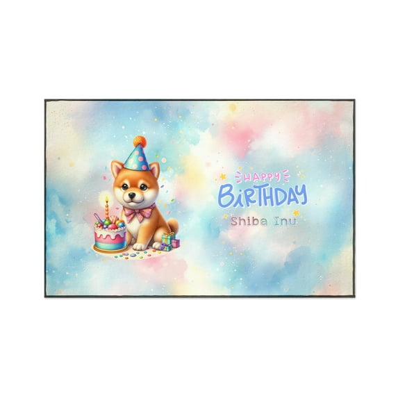 Happy Birthday Cute Puppy Shiba Inu with Cake Gifts Party Hat Indoor Rug Shibas Dog Lovers Gifts Idea Carpet Living Bed Room Sofa Home Decor - 00029