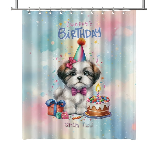 Happy Birthday Cute Puppy Shih Tzu with Cake Gifts Party Hat Shower Curtain Lion Dog Lover Gifts Waterproof Bathroom Bathtub Curtain - 00029
