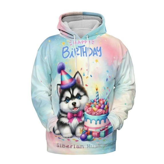 Happy Birthday Cute Puppy Siberian Husky with Cake Gifts Party Hat All Over Print 3D Hoodie Unisex Merch Hoodies Husky Dog Lover Gifts - 00029