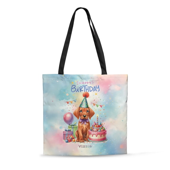 Happy Birthday Cute Puppy Vizsla with Cake Gifts Party Hat All Over Print 3D Canvas Tote Bag Vizslas Dog Lover Gifts Idea Reusable Handbag - 00029