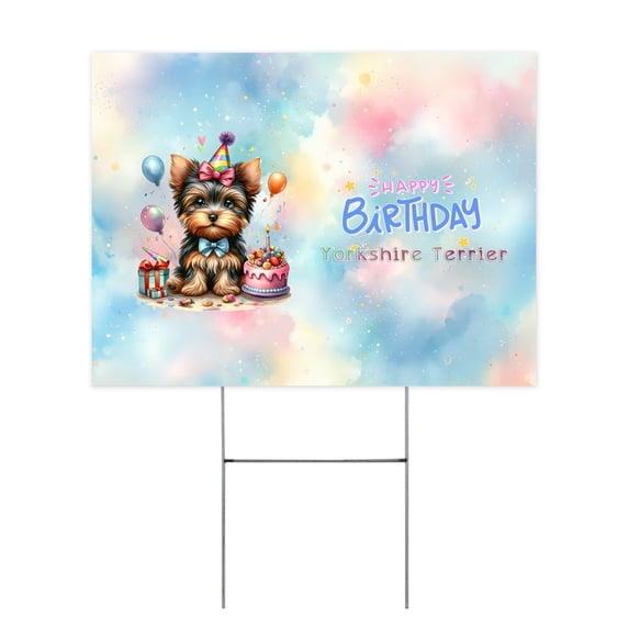 Happy Birthday Cute Puppy Yorkshire Terrier with Cake Gifts Party Hat Yard Sign Yorkie Dog Lover Gifts Outdoor Home Lawn Garden Porch Decor - 00029