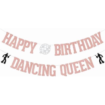 Happy Birthday Dancing Queen Banner - Dancing Girl Birthday Banner - Disco Mama Mia Party Decoration Rose Gold Glitter