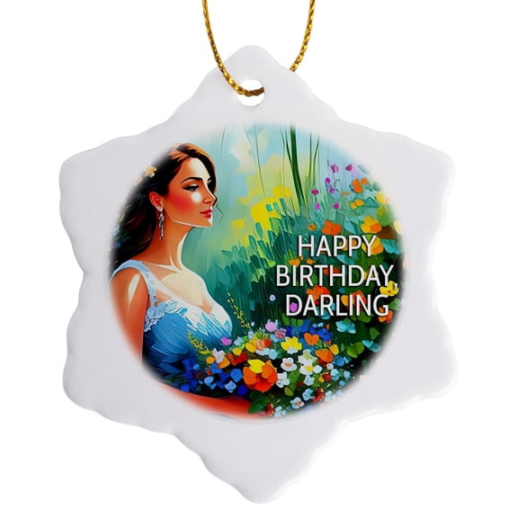 3drose, Happy Birthday, Darling. Elegant Woman in the Garden. Greeting Card, 3 inch Snowflake Porcelain Ornament