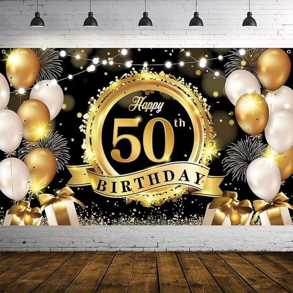 Happy Birthday Decoration Backdrop Banner Black Gold Extra Large Fabric Birthday Sign Poster Photography Background Year Birthday Party Decorations Supplies Indoor Outdoor, 72.8 x 43.3 Inch