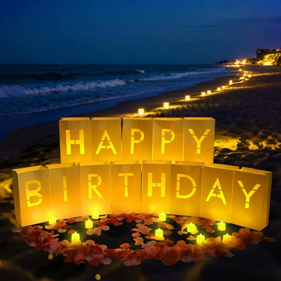 Happy Birthday Decorations for Men and Women Girls, Luminary Bags with Light Up Letters, Rose Petals and Candles Set, Happy Birthday Banner Sign for Party Decorations, Festival, Surprise Gifts Banner