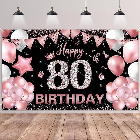 Happy Birthday Decorations, Rose Gold and Black Birthday Fabric Photo Backdrop Background for Men Women Anniversary Party Decor, 180×110cm
